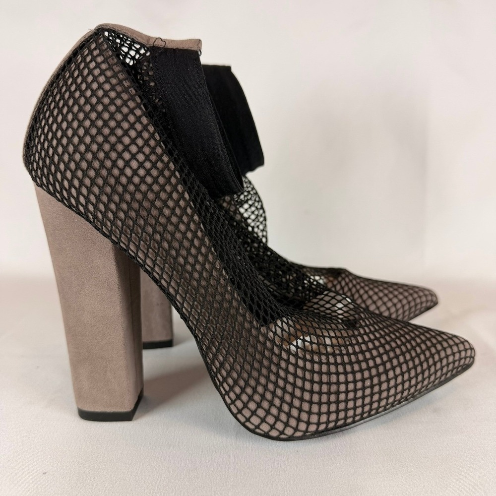 ShoeDazzle Aria Black Mesh Fishnet Pointed Toe Block Heel Pumps Womens‎ 7 Taupe - Picture 4 of 10